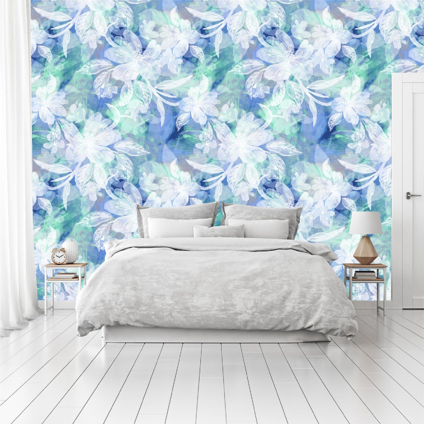 Mural Flores Blancas con fondo acuarelado - MT360