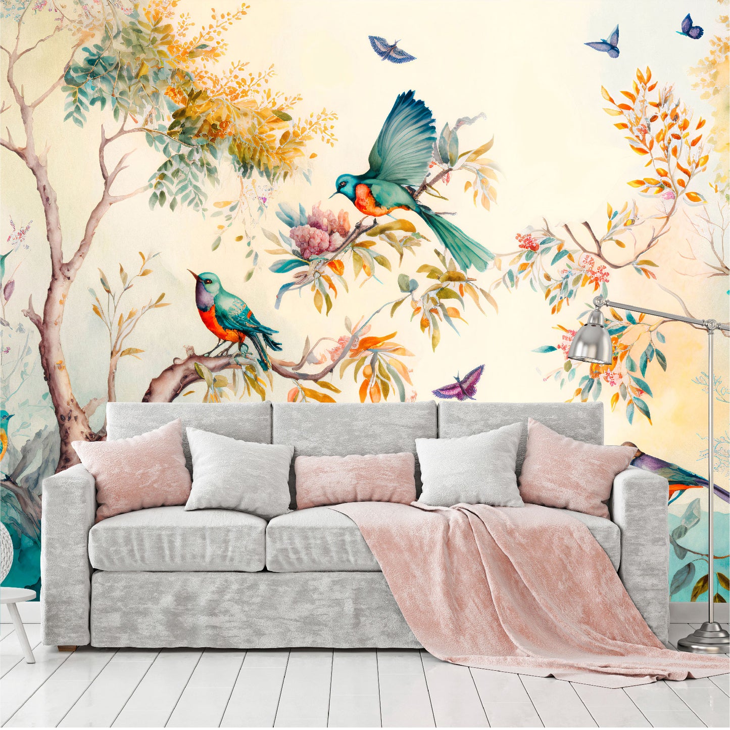 Mural Paisaje forestal con pájaros, mariposas y árboles - MT330