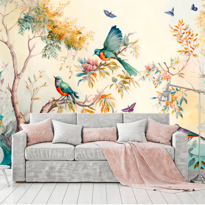 Mural Paisaje forestal con pájaros, mariposas y árboles - MT330