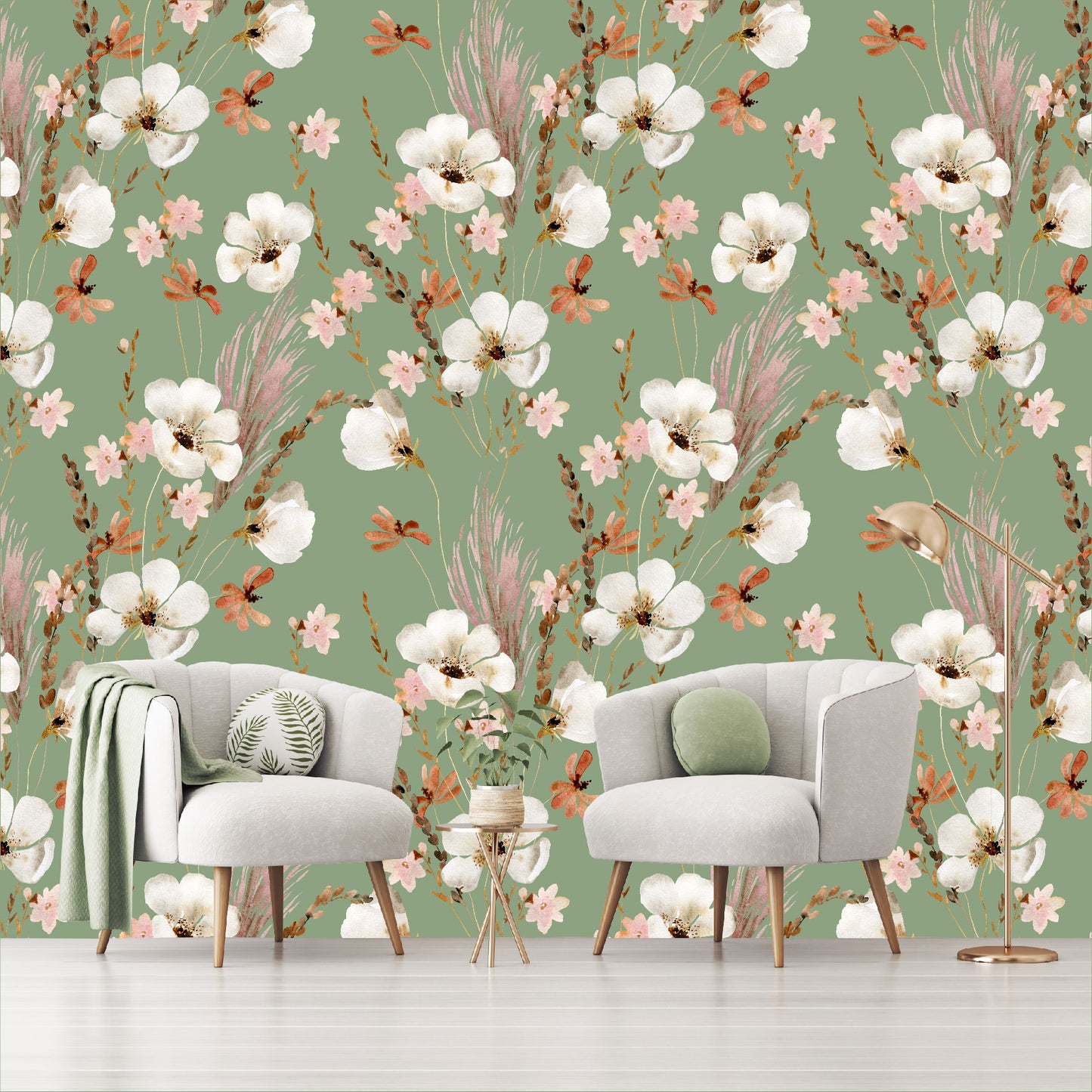 Mural Mate Flores Acuareladas con Fondo Verde - MT431