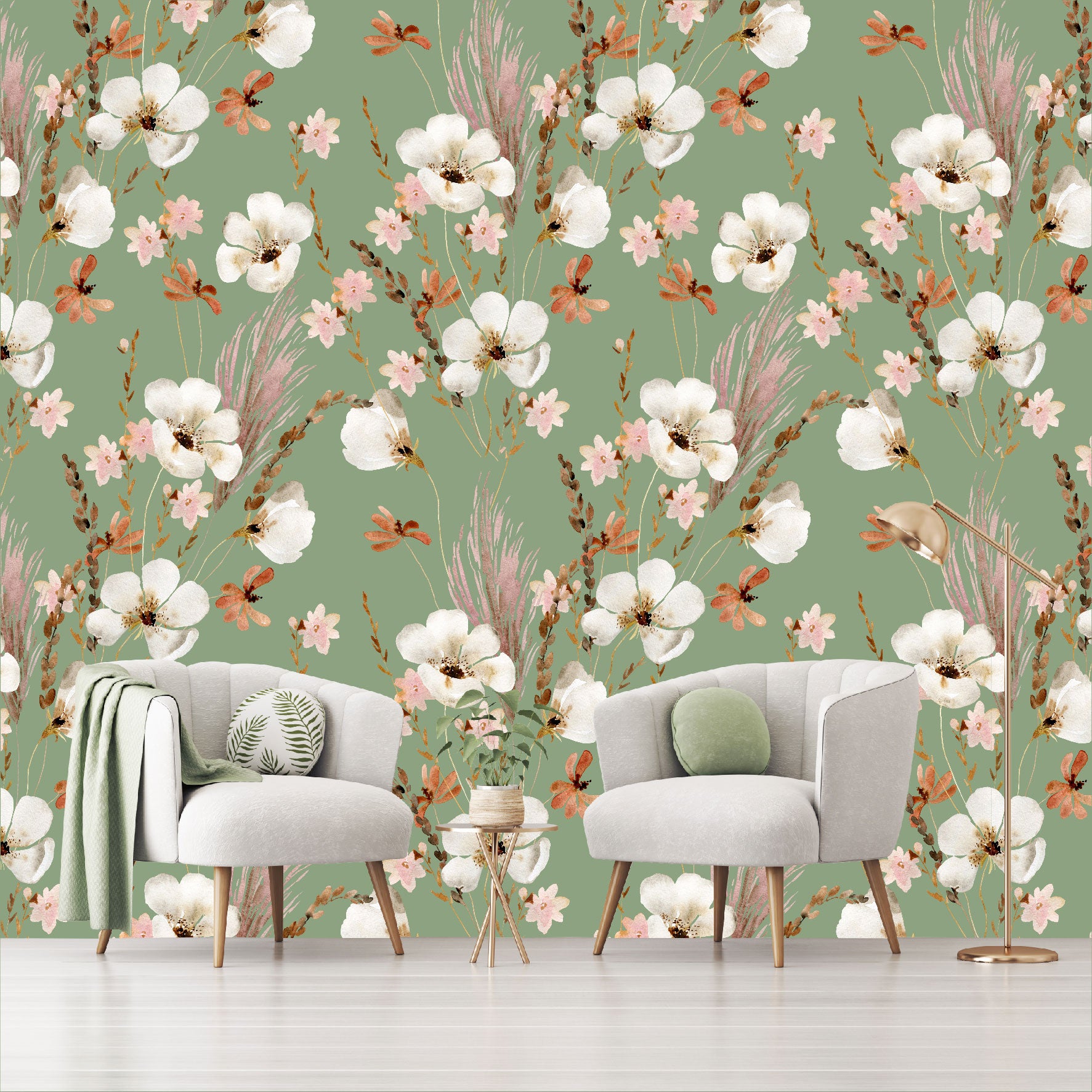 Mural Mate Flores Acuareladas con Fondo Verde - MT431