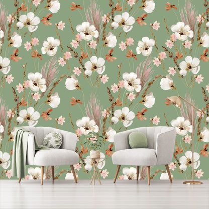 Mural Mate Flores Acuareladas con Fondo Verde - MT431