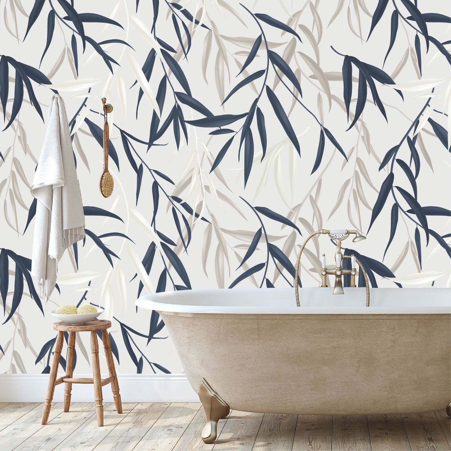 Mural Tropical Hojas Azules Grises y Blancas - MT127