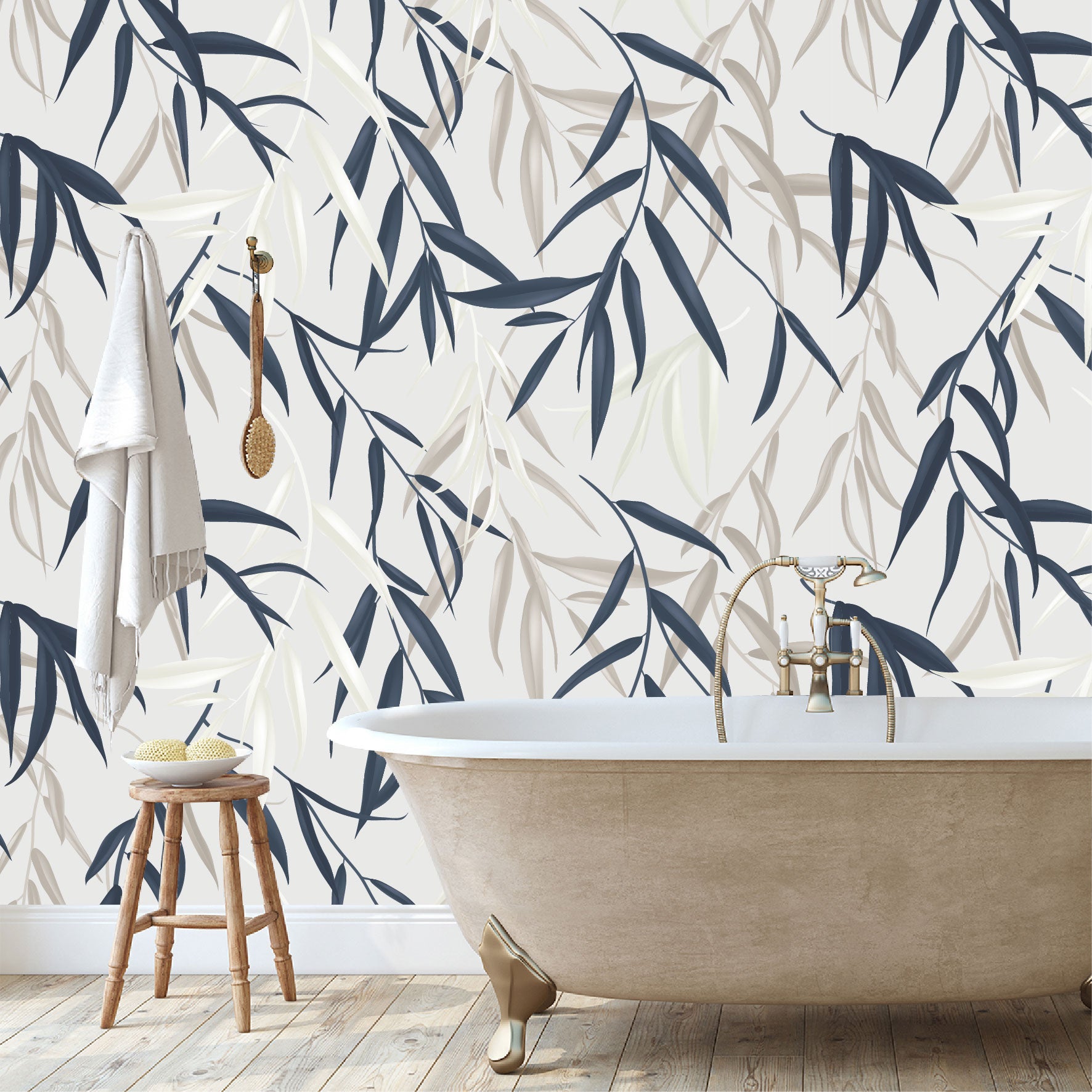 Mural Tropical Hojas Azules Grises y Blancas - MT127