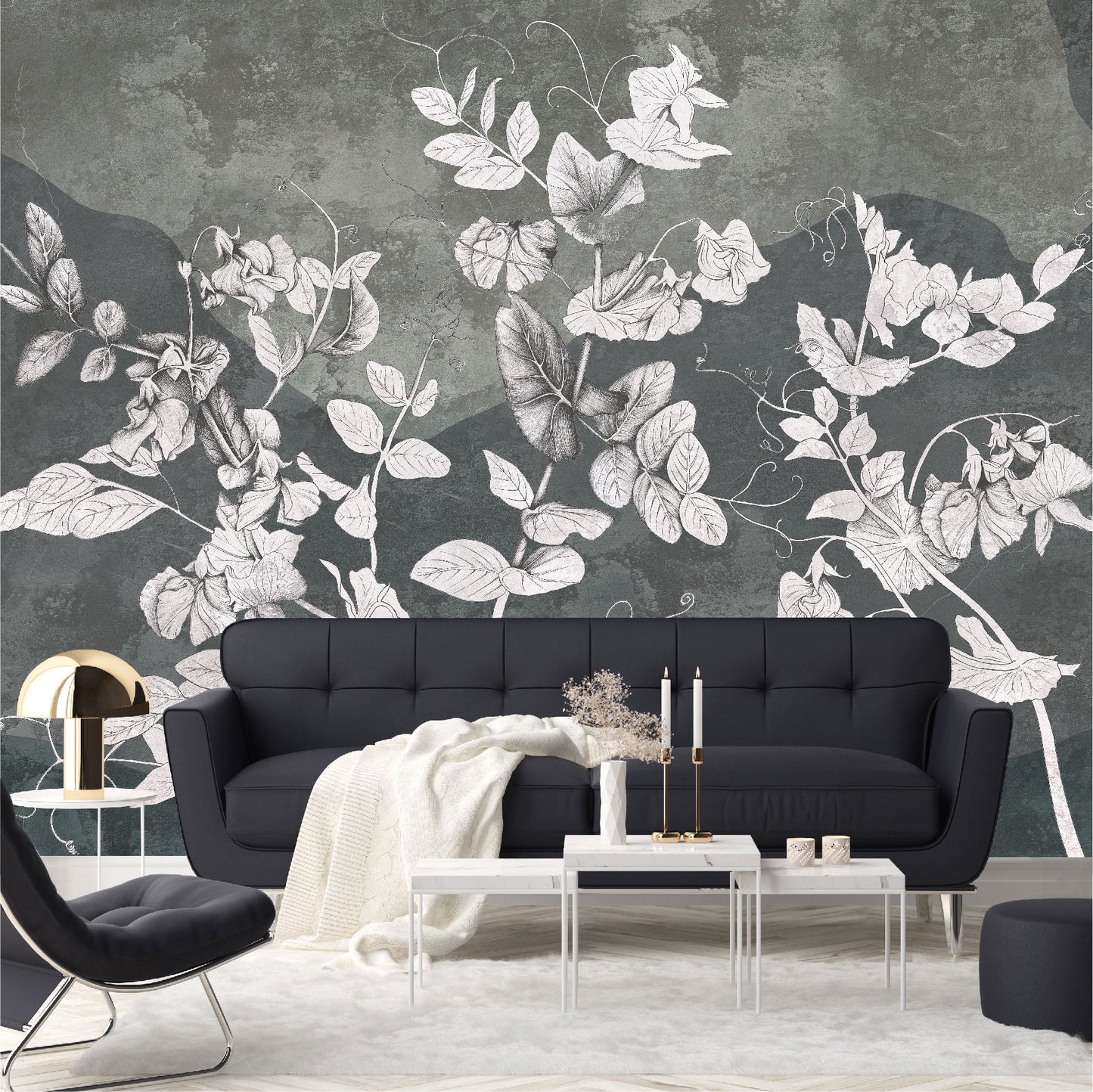 Mural Flores Blancas en pared de hormigón - MT395