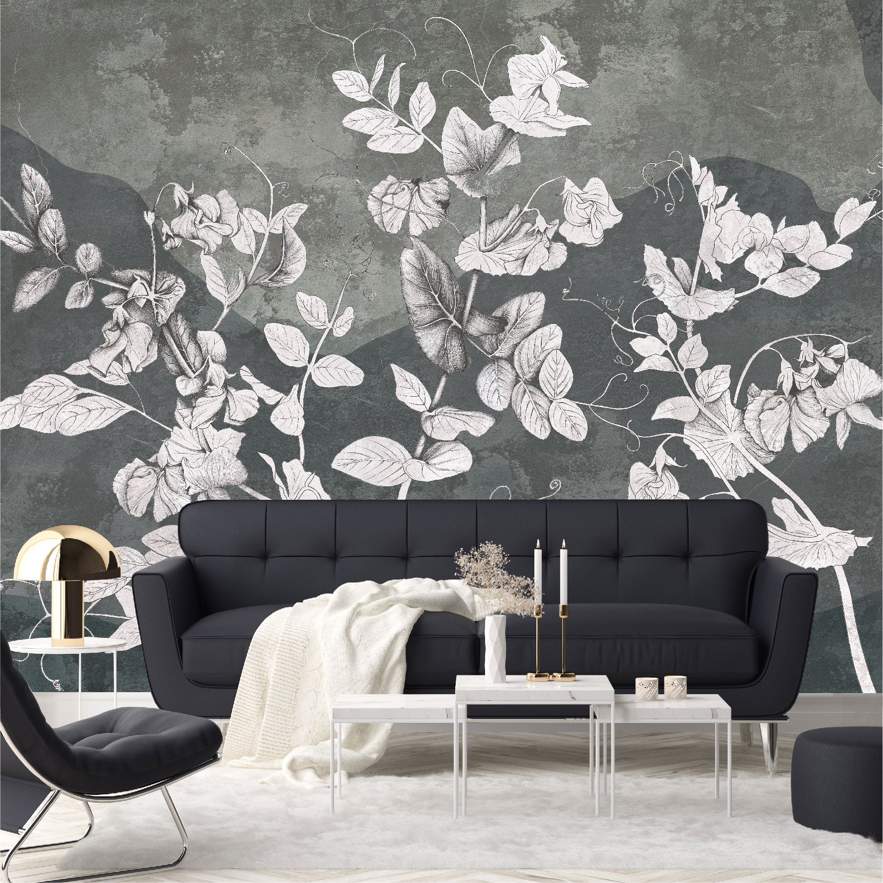 Mural Flores Blancas en pared de hormigón - MT395