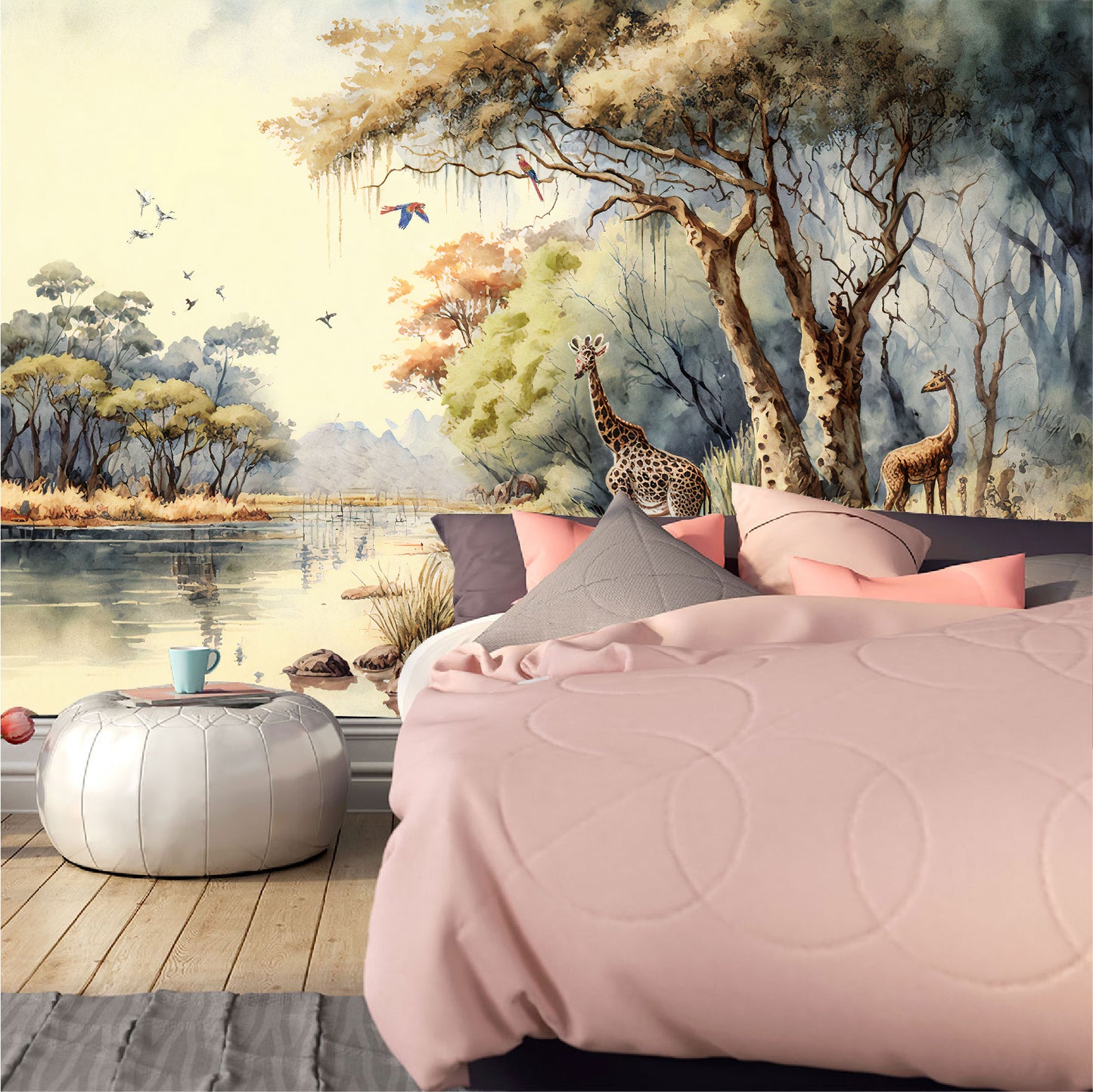 Mural bosque tropical africano con árboles junto a un río con jirafas - MT332