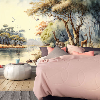 Mural bosque tropical africano con árboles junto a un río con jirafas - MT332
