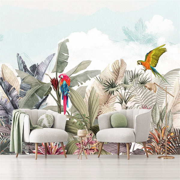 Mural Plantas Tropicales con Loros - MT411