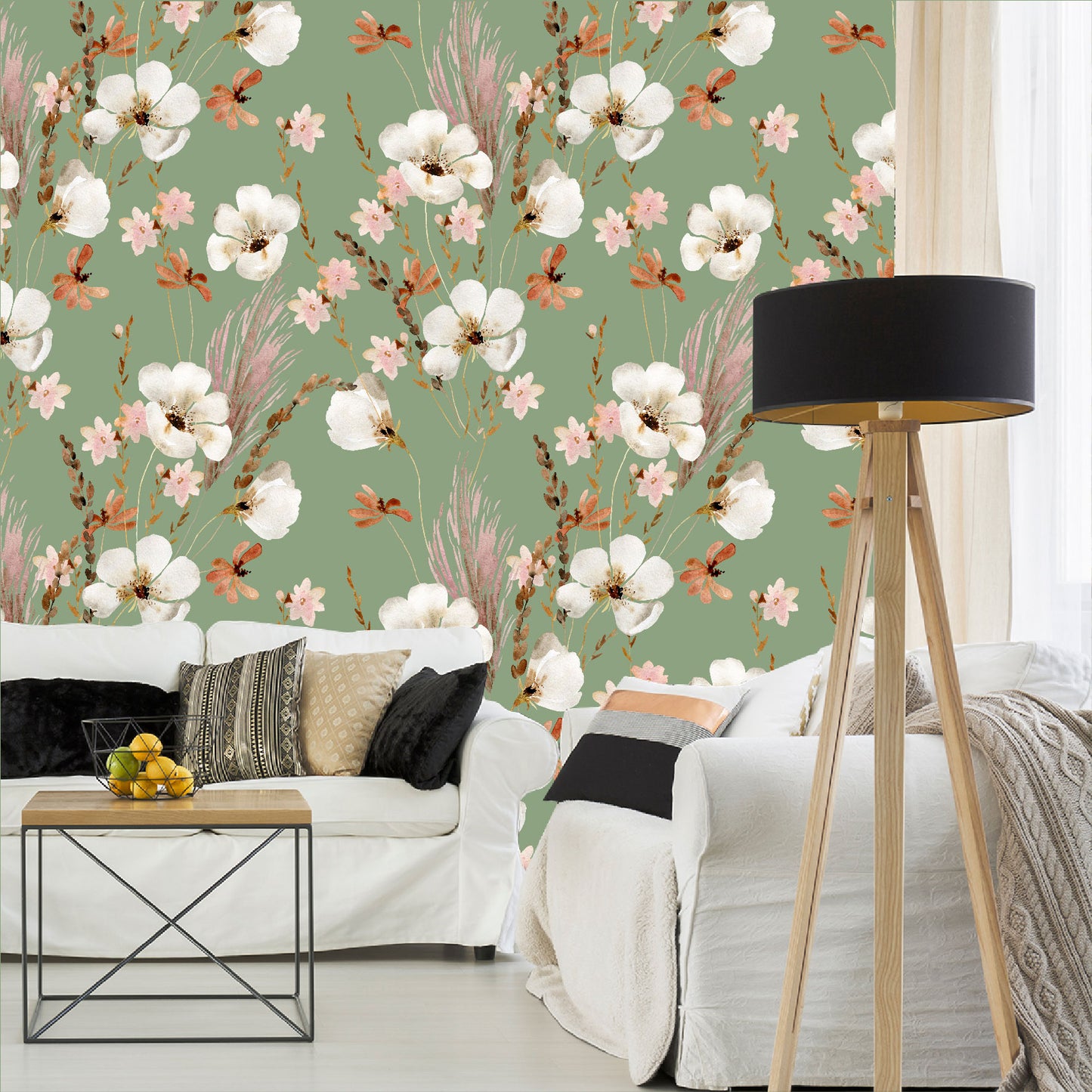 Mural Mate Flores Acuareladas con Fondo Verde - MT431