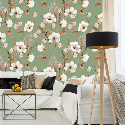 Mural Mate Flores Acuareladas con Fondo Verde - MT431
