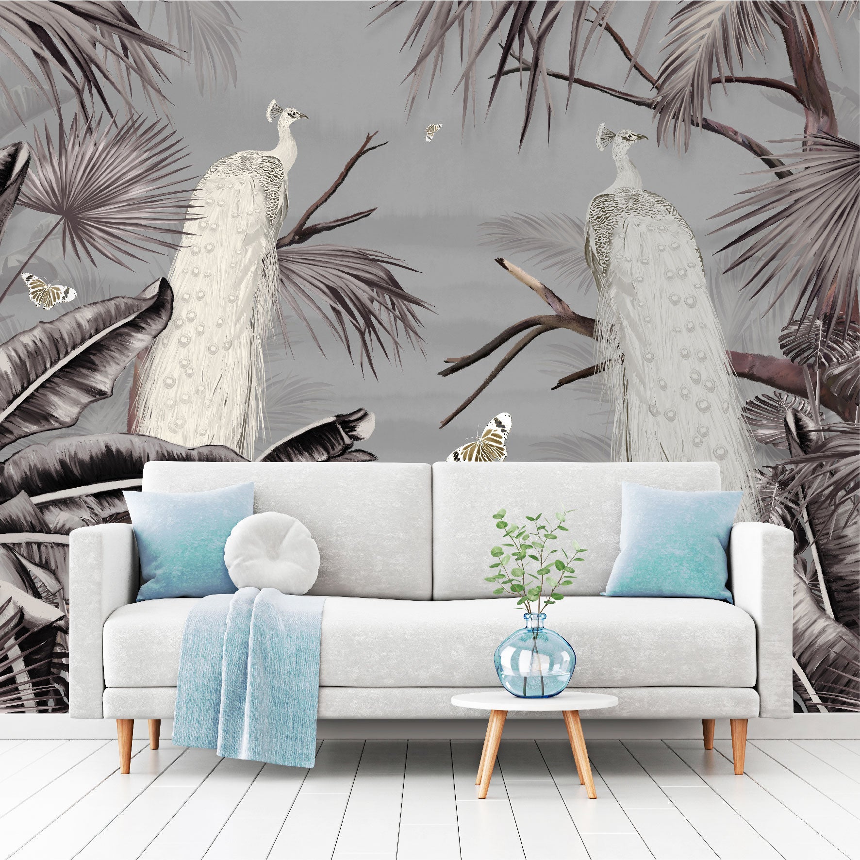 Mural Árboles tropicales Palma y pavos reales blancos  - MT489