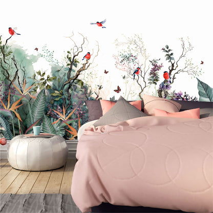 Mural paisaje de ramas con flores, pájaros y mariposas - MT364