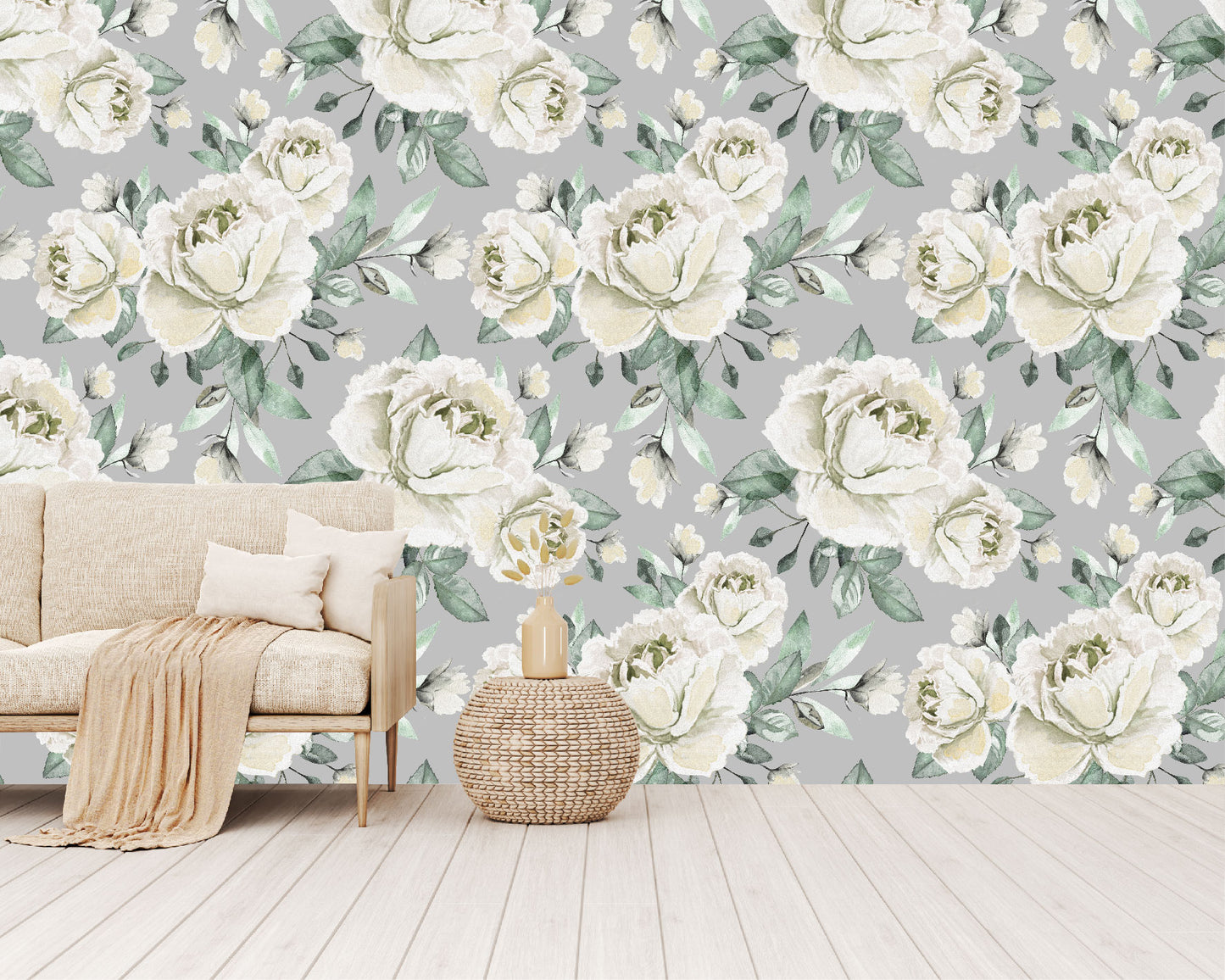 Mural Flores Acuarela Rosas Color Crema - MT160