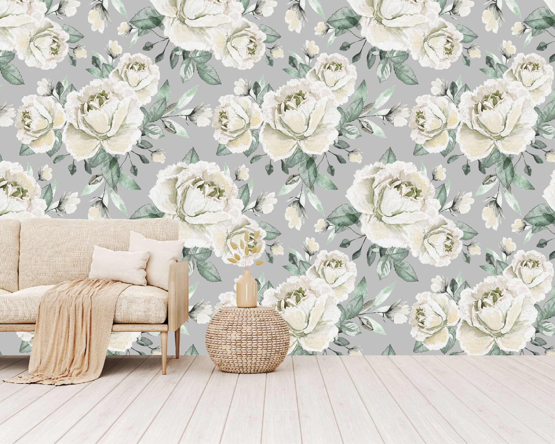 Mural Flores Acuarela Rosas Color Crema - MT160