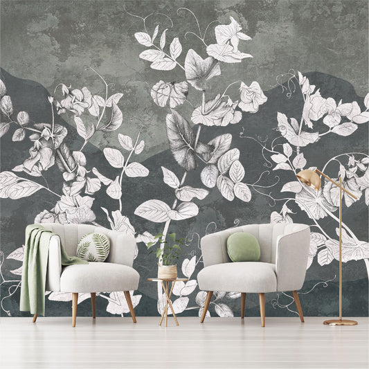 Mural Flores Blancas en pared de hormigón - MT395