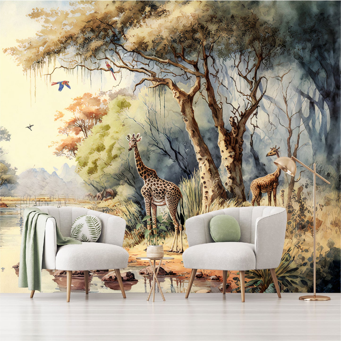 Mural bosque tropical africano con árboles junto a un río con jirafas - MT332
