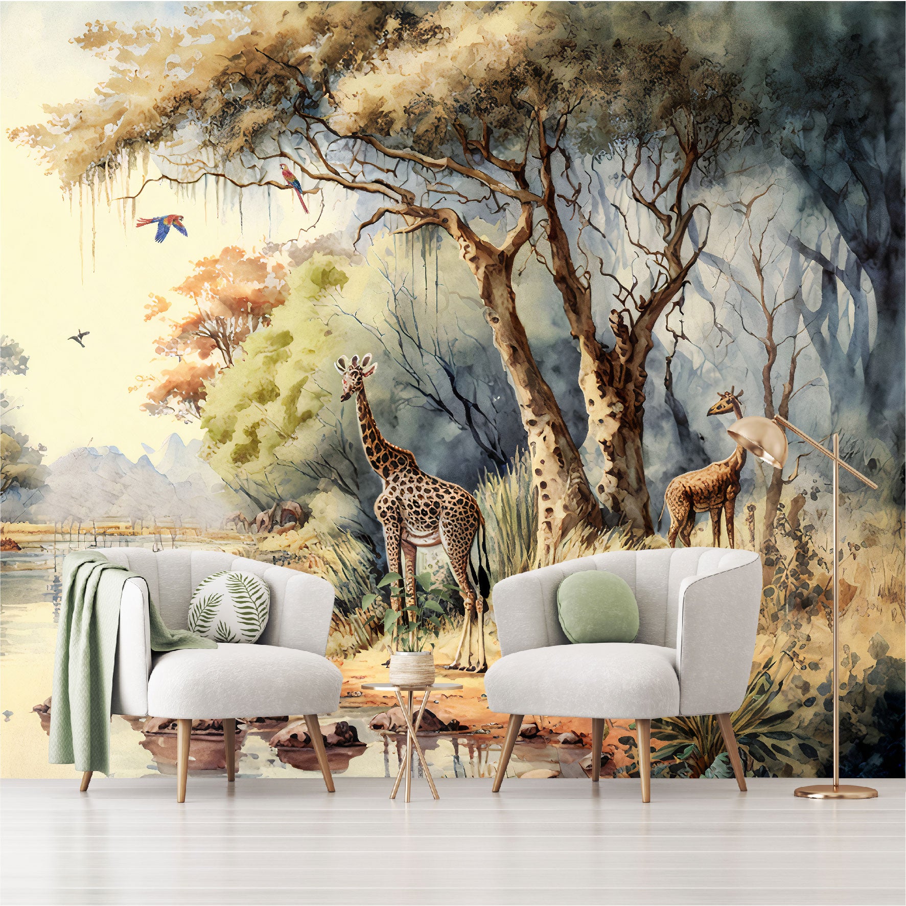 Mural bosque tropical africano con árboles junto a un río con jirafas - MT332