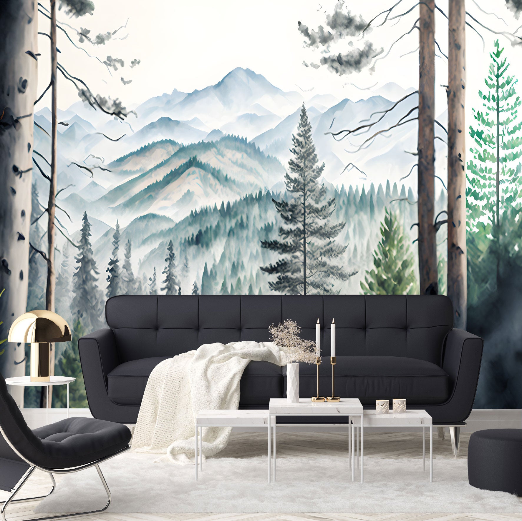 Mural montañas con bosque tropical acuarelado - MT367