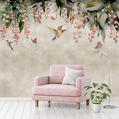 Mural Lluvia de hojas de Eucalipto con colibries y mariposas- MT445