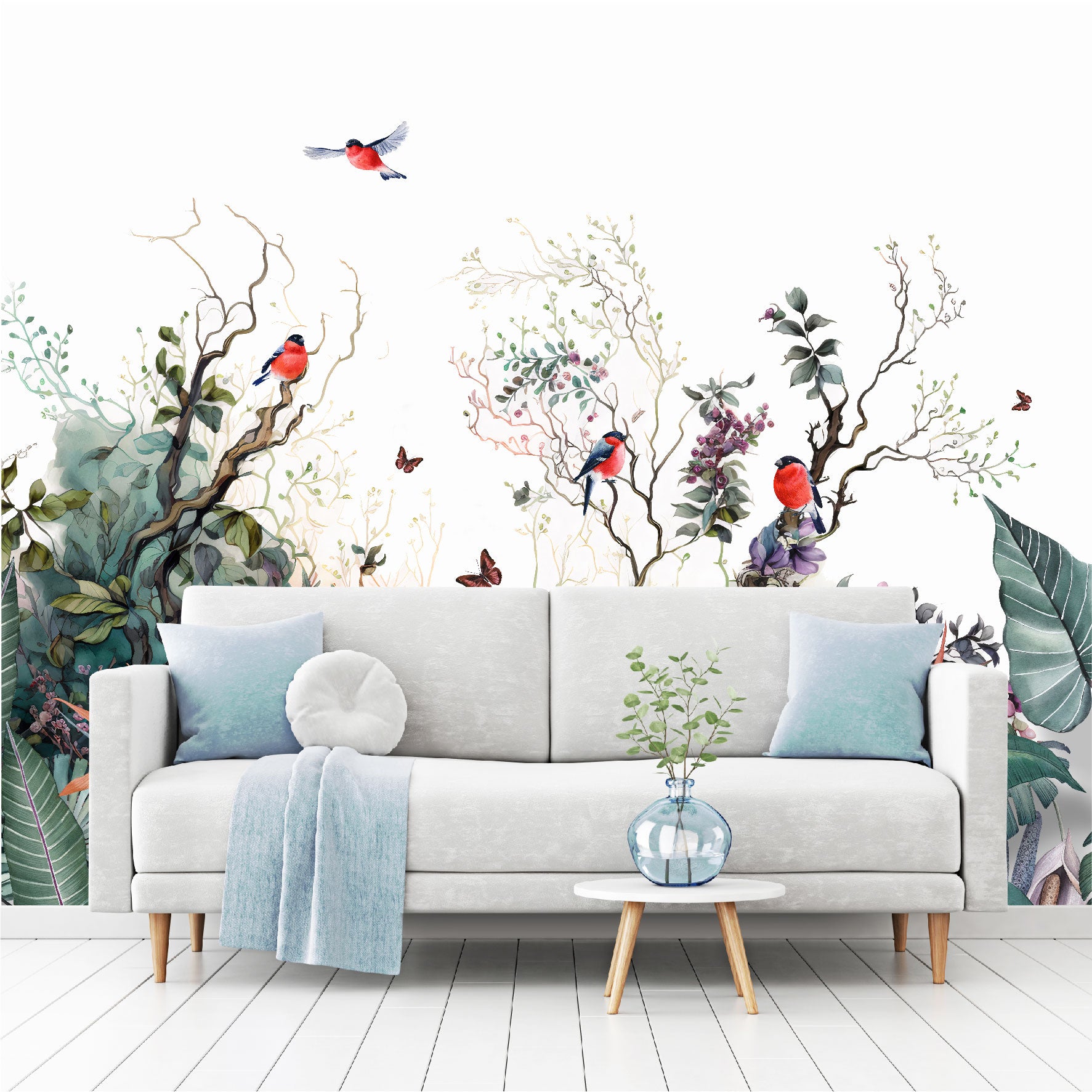 Mural paisaje de ramas con flores, pájaros y mariposas - MT364