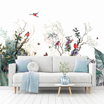 Mural paisaje de ramas con flores, pájaros y mariposas - MT364