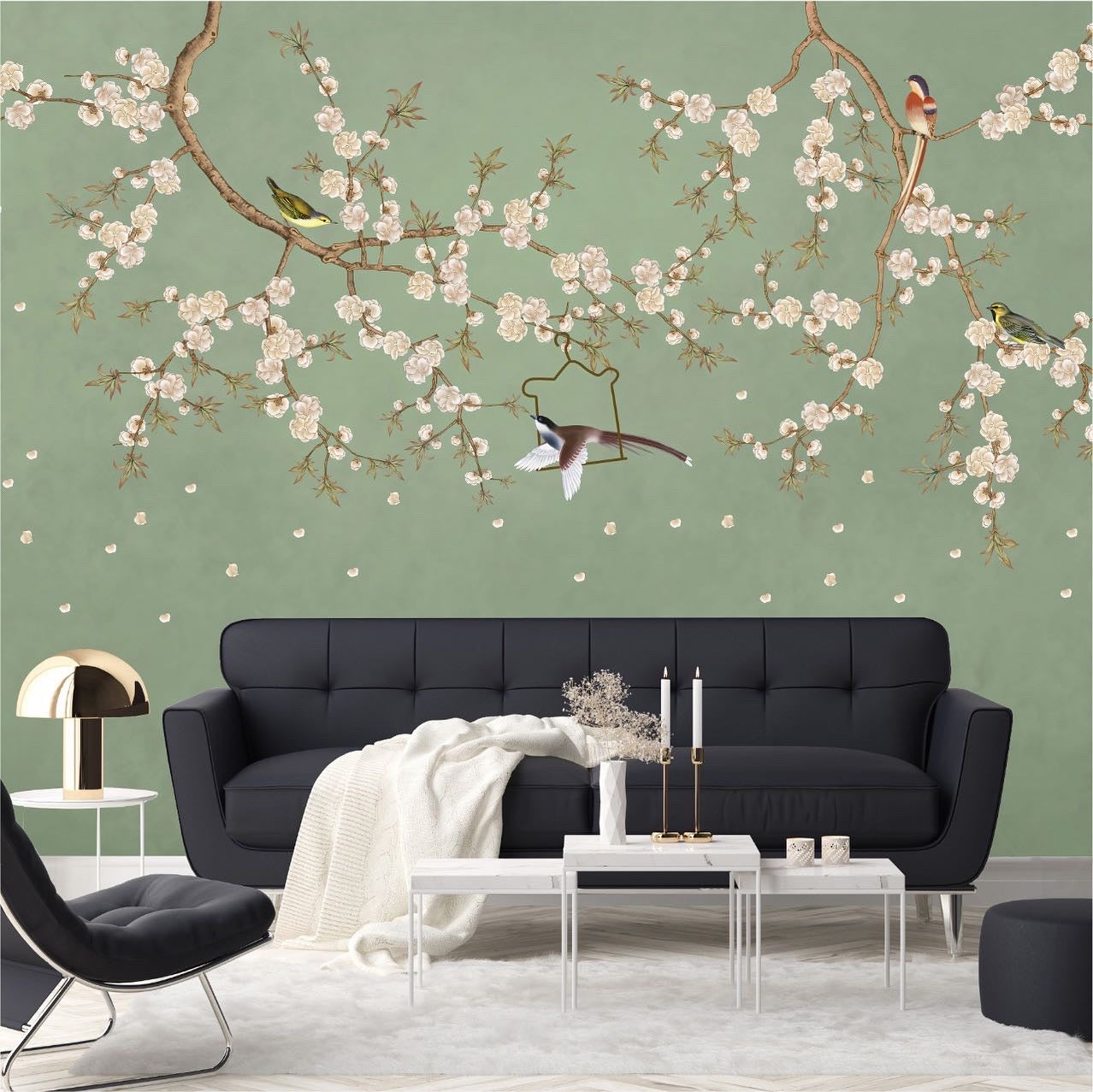 Mural Vintage Ramas con Flores y Pajaritos - MT227