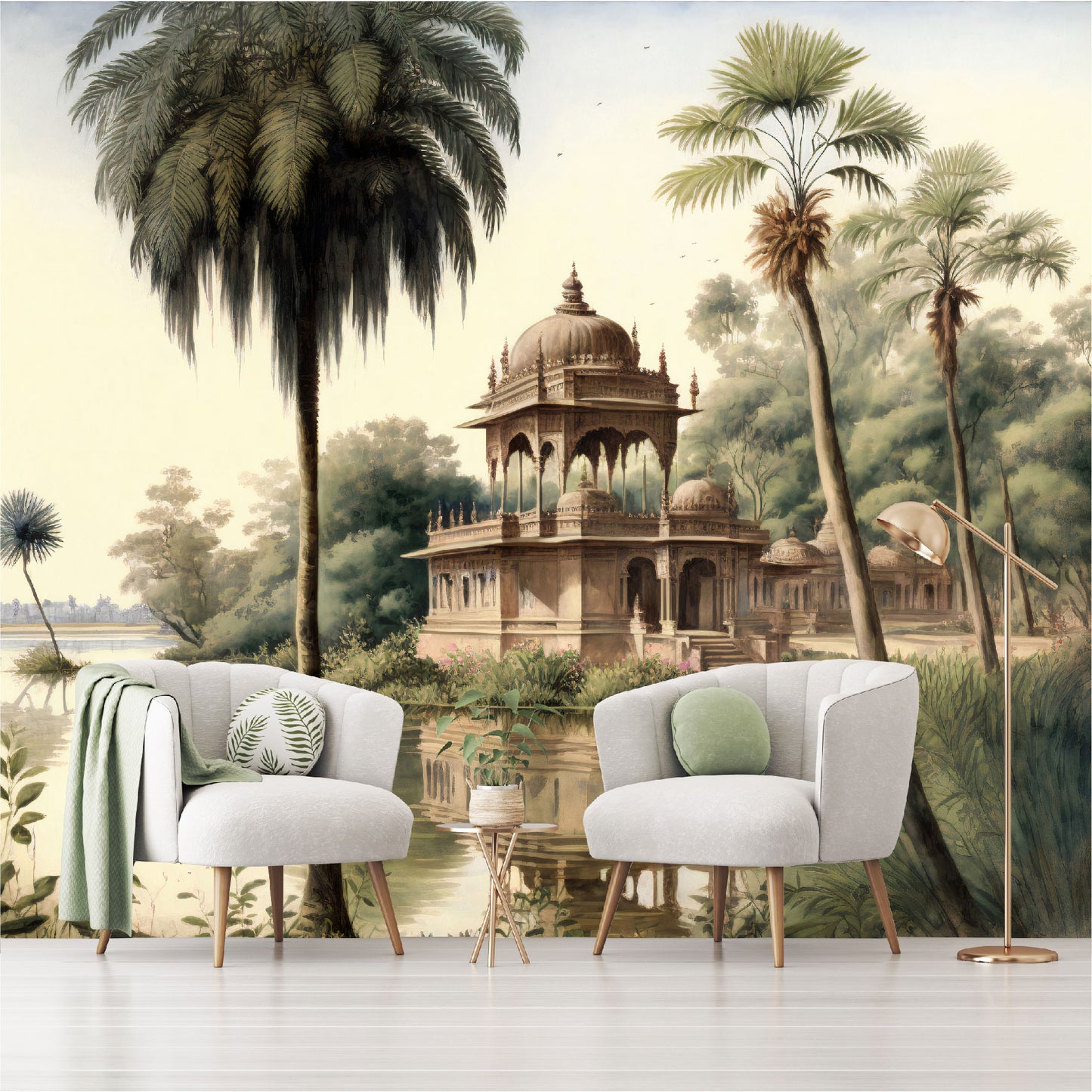 Mural paisaje de palmeras y orillas de los ríos de la India con templos  - MT327