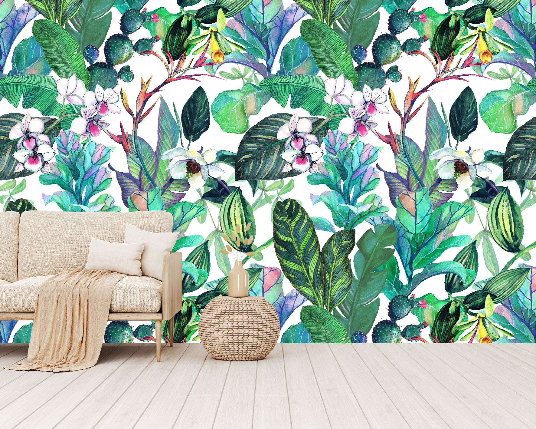 Mural Tropical Flores con Hojas y Cactus - MT154