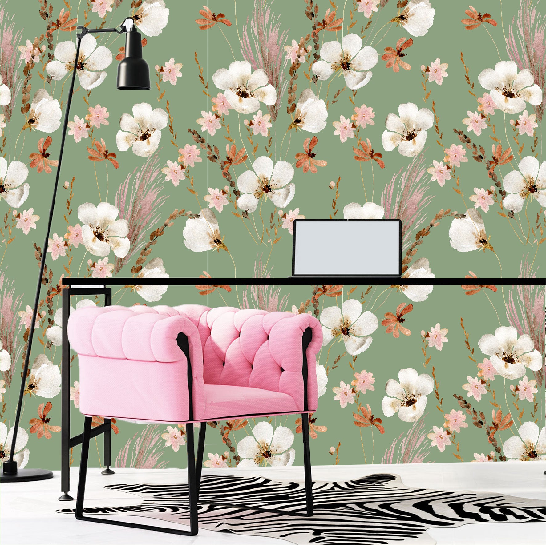 Mural Mate Flores Acuareladas con Fondo Verde - MT431