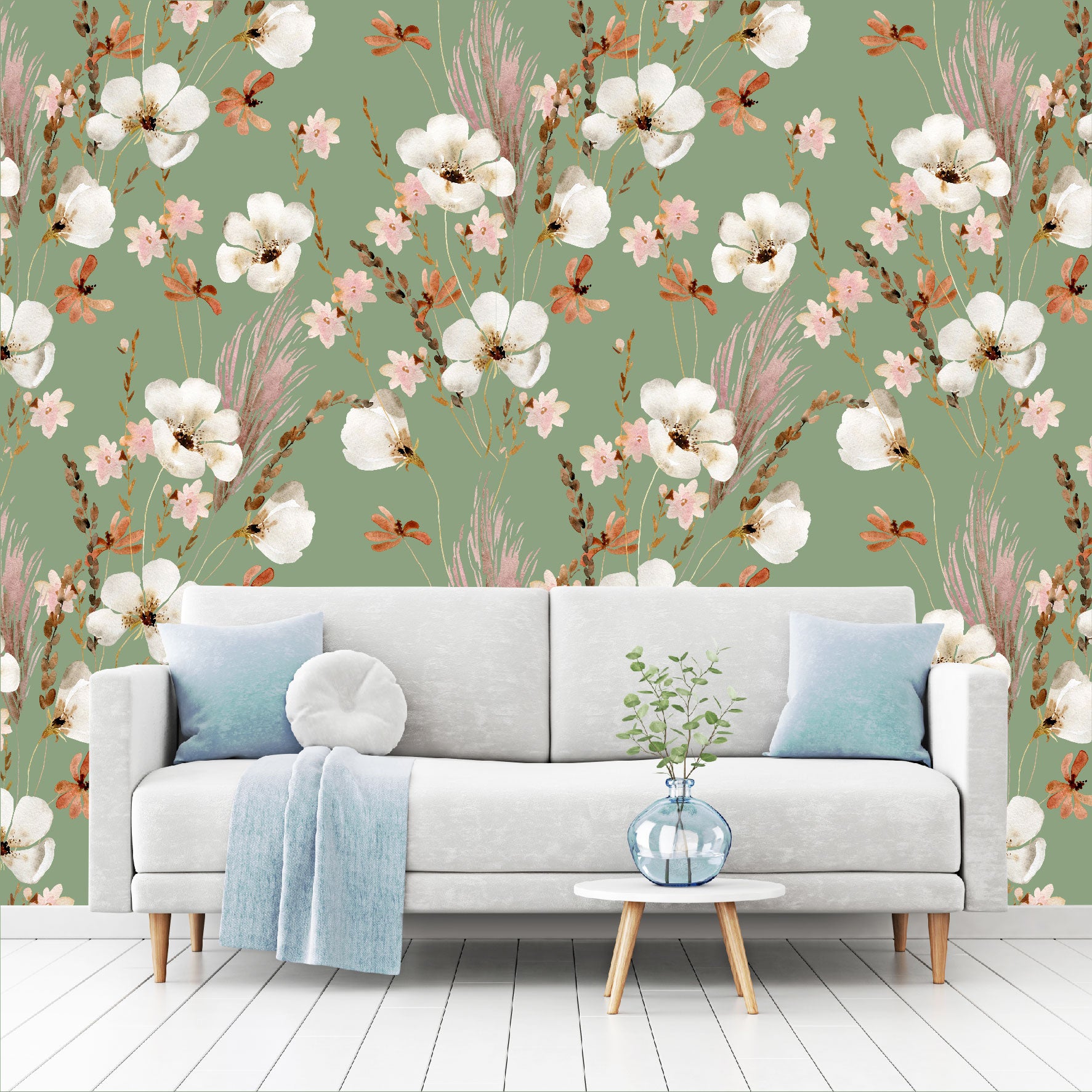Mural Mate Flores Acuareladas con Fondo Verde - MT431