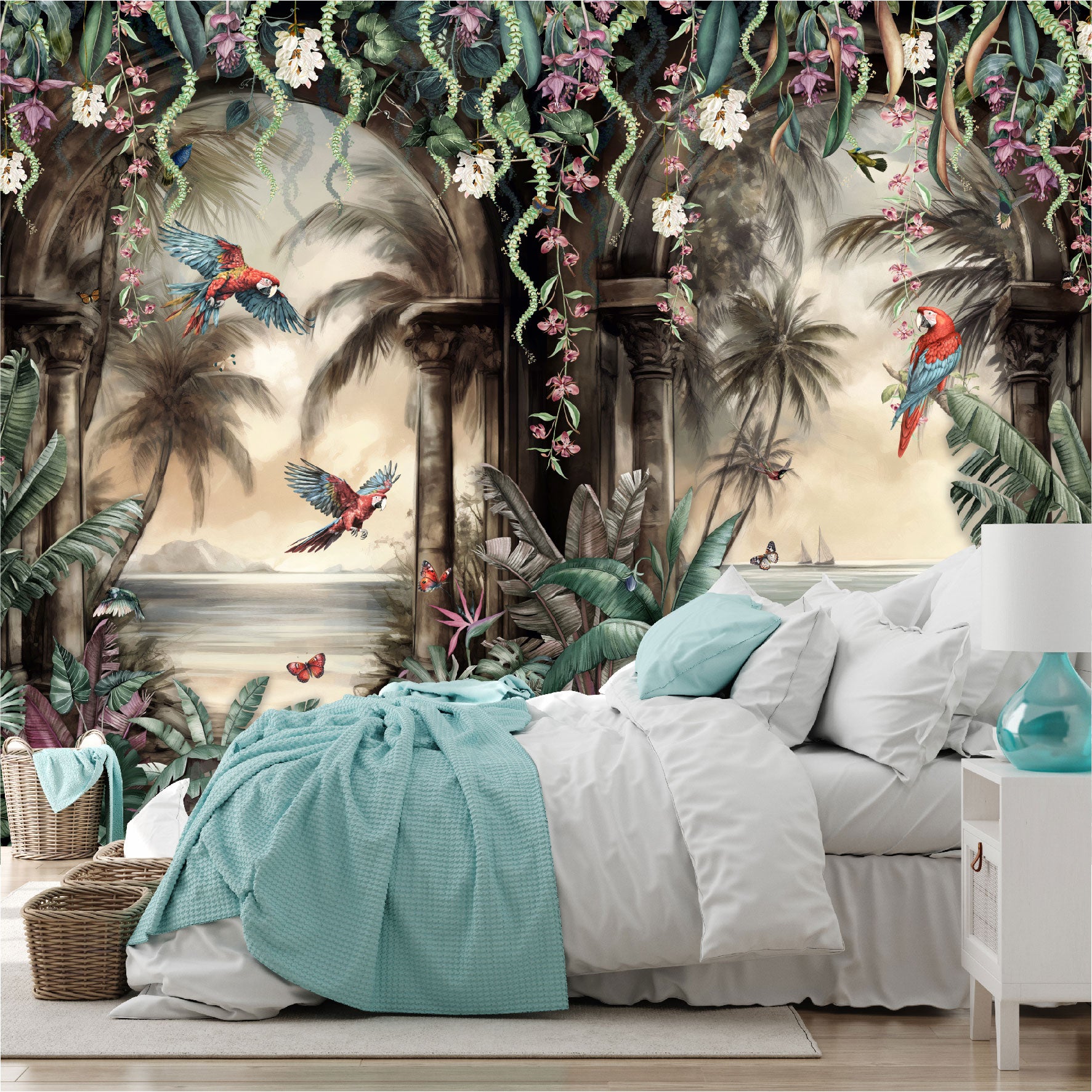 Mural Arco Tropical con loros en el bosque  - MT443