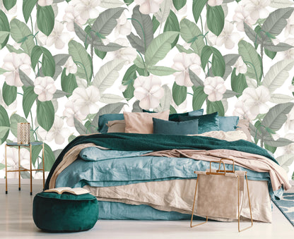 Mural Tropical Hojas Verdes con Flores Blancas - MT126