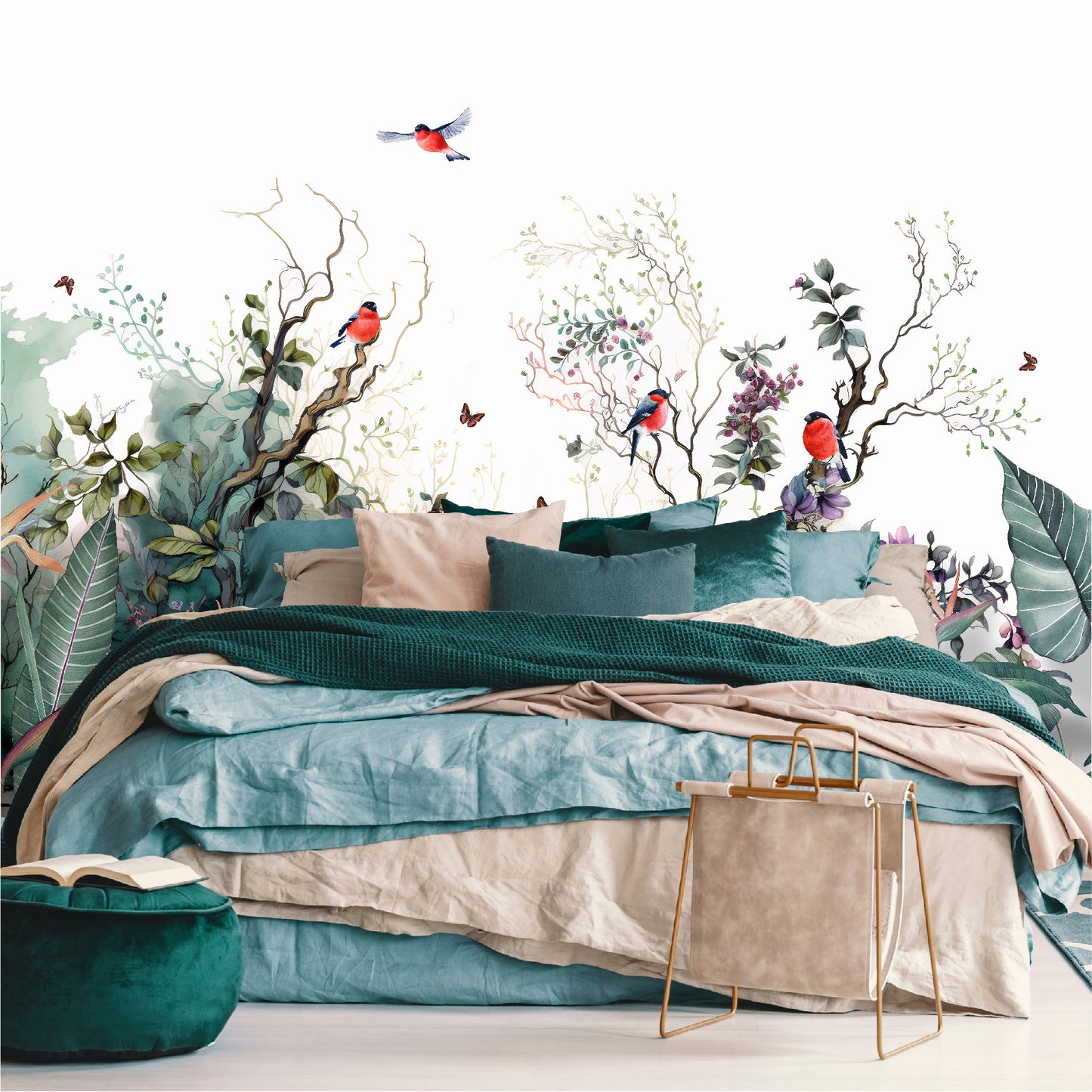 Mural paisaje de ramas con flores, pájaros y mariposas - MT364