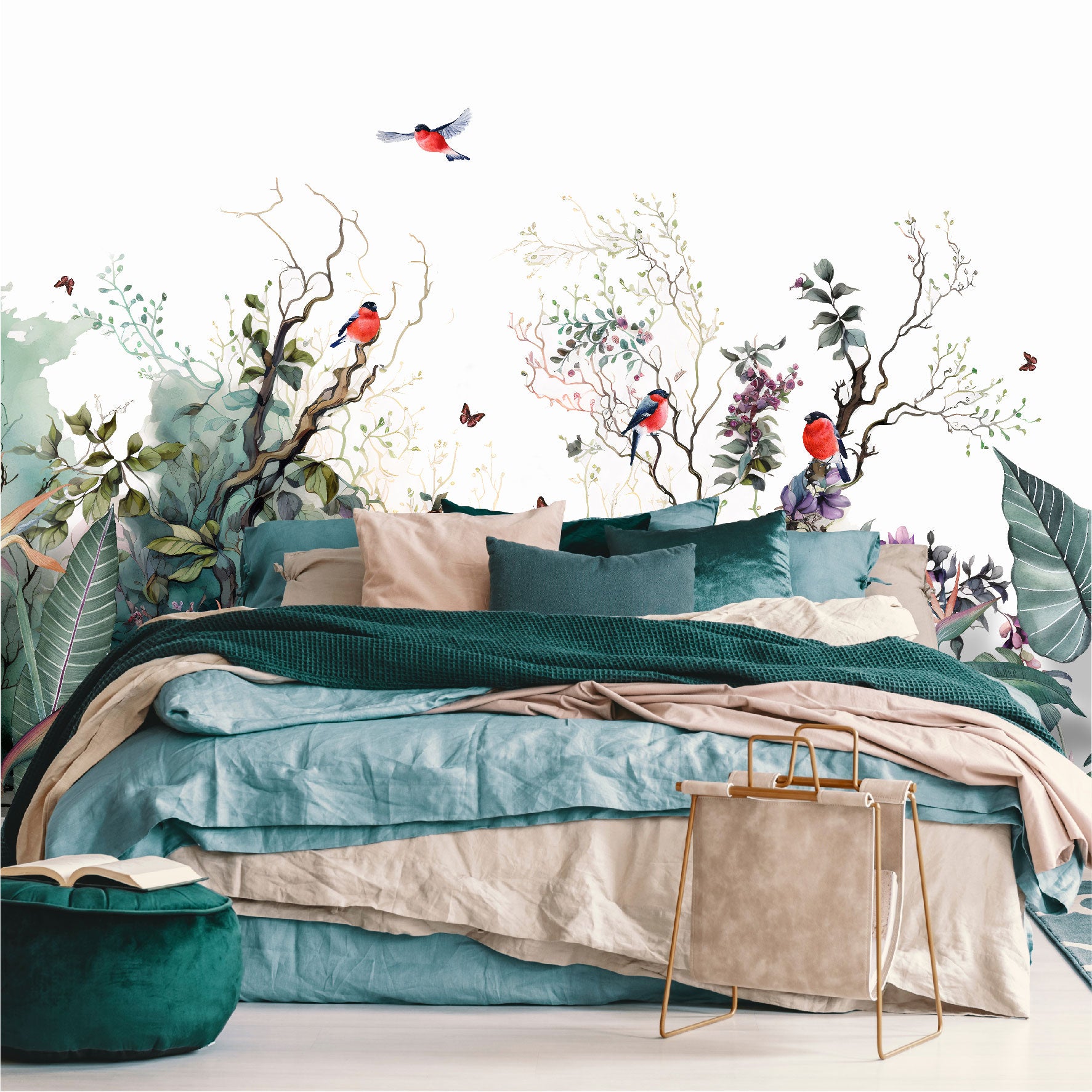 Mural paisaje de ramas con flores, pájaros y mariposas - MT364