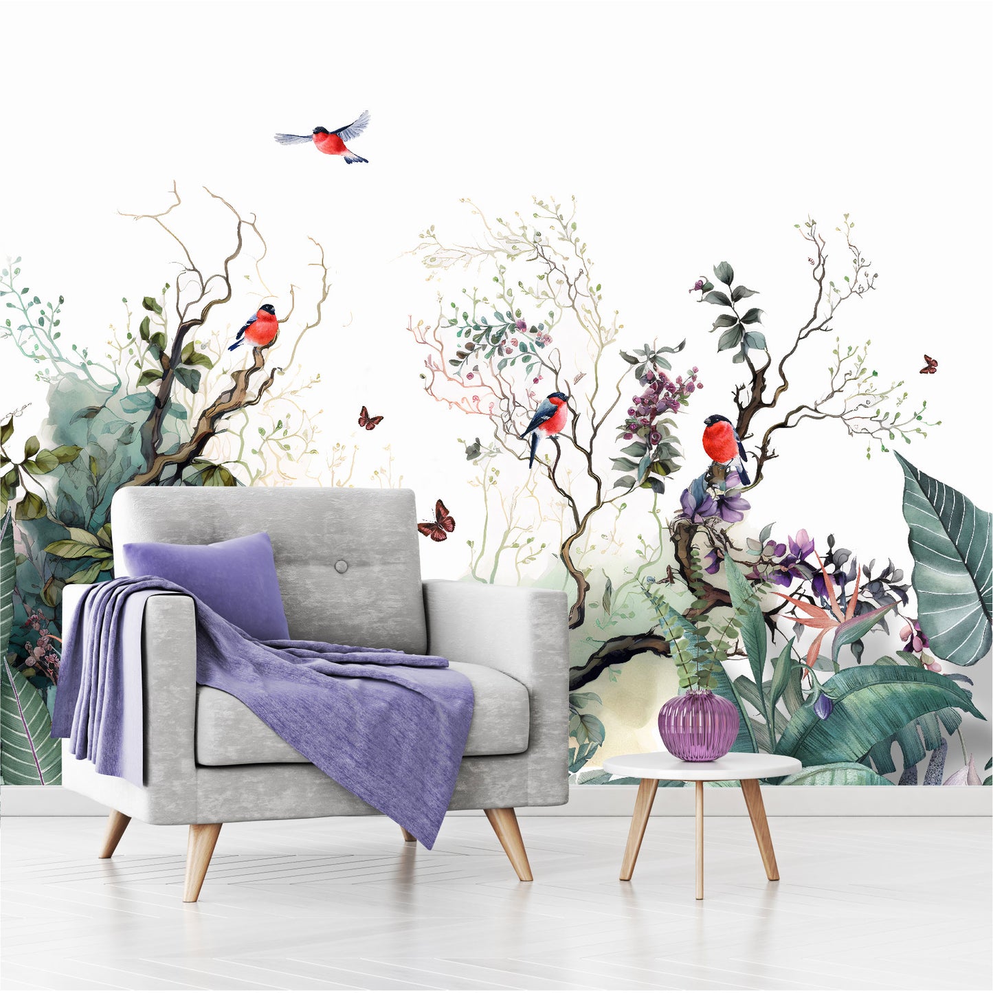 Mural paisaje de ramas con flores, pájaros y mariposas - MT364