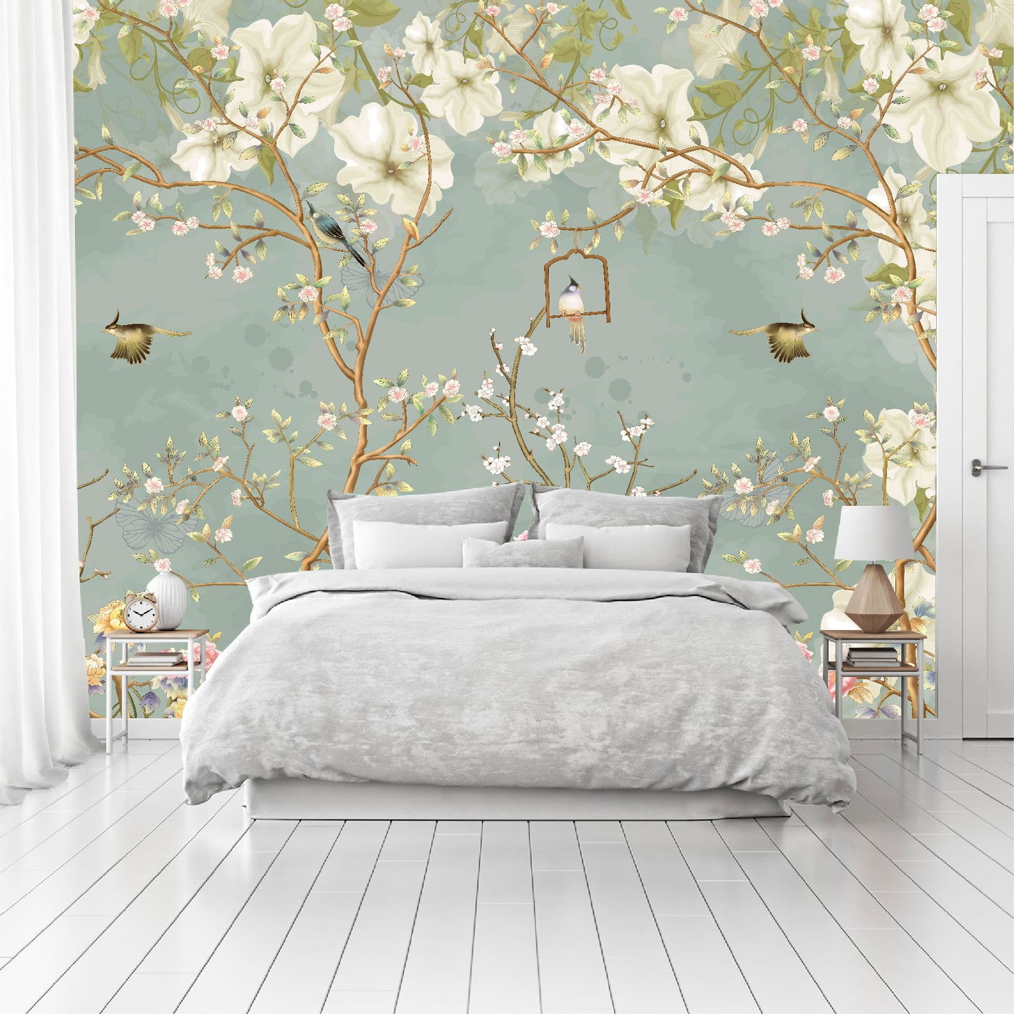Mural Tropical Flores Blancas Campestres Estilo Inglés - MT070