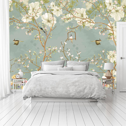 Mural Tropical Flores Blancas Campestres Estilo Inglés - MT070