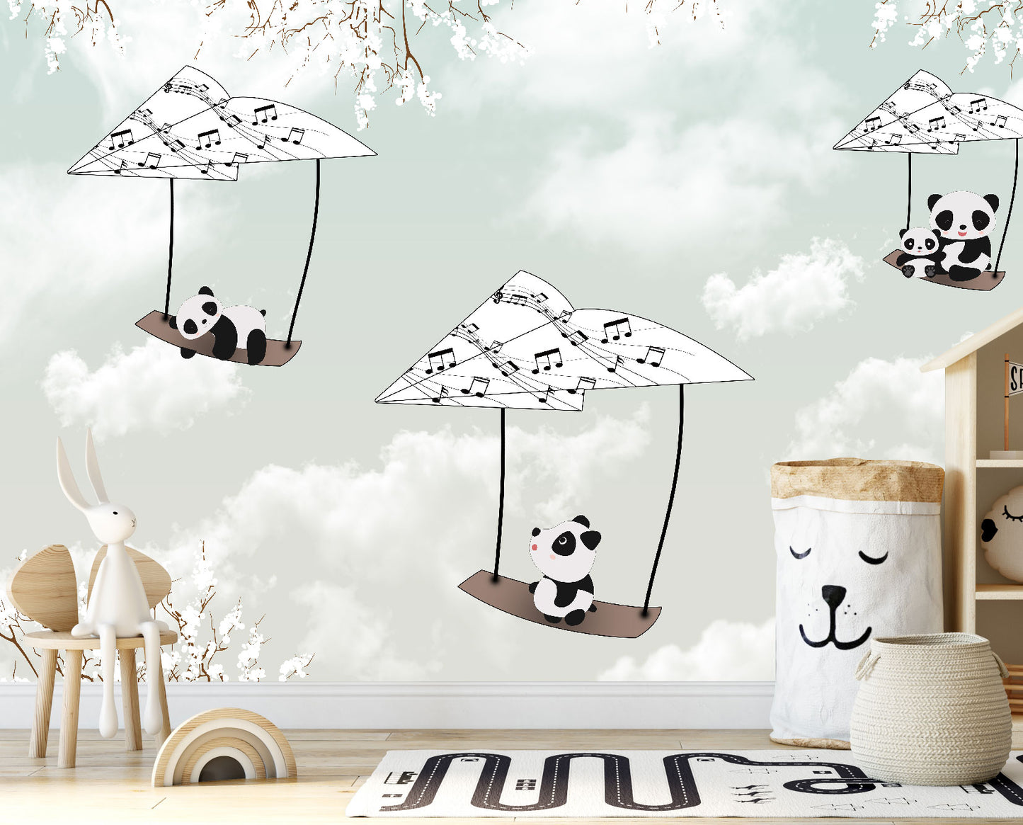Mural Pandas Voladores en Notas Musicales - MI018