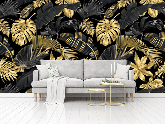 Vinilo Mate Tropical Hojas Monstera Simil Doradas 038