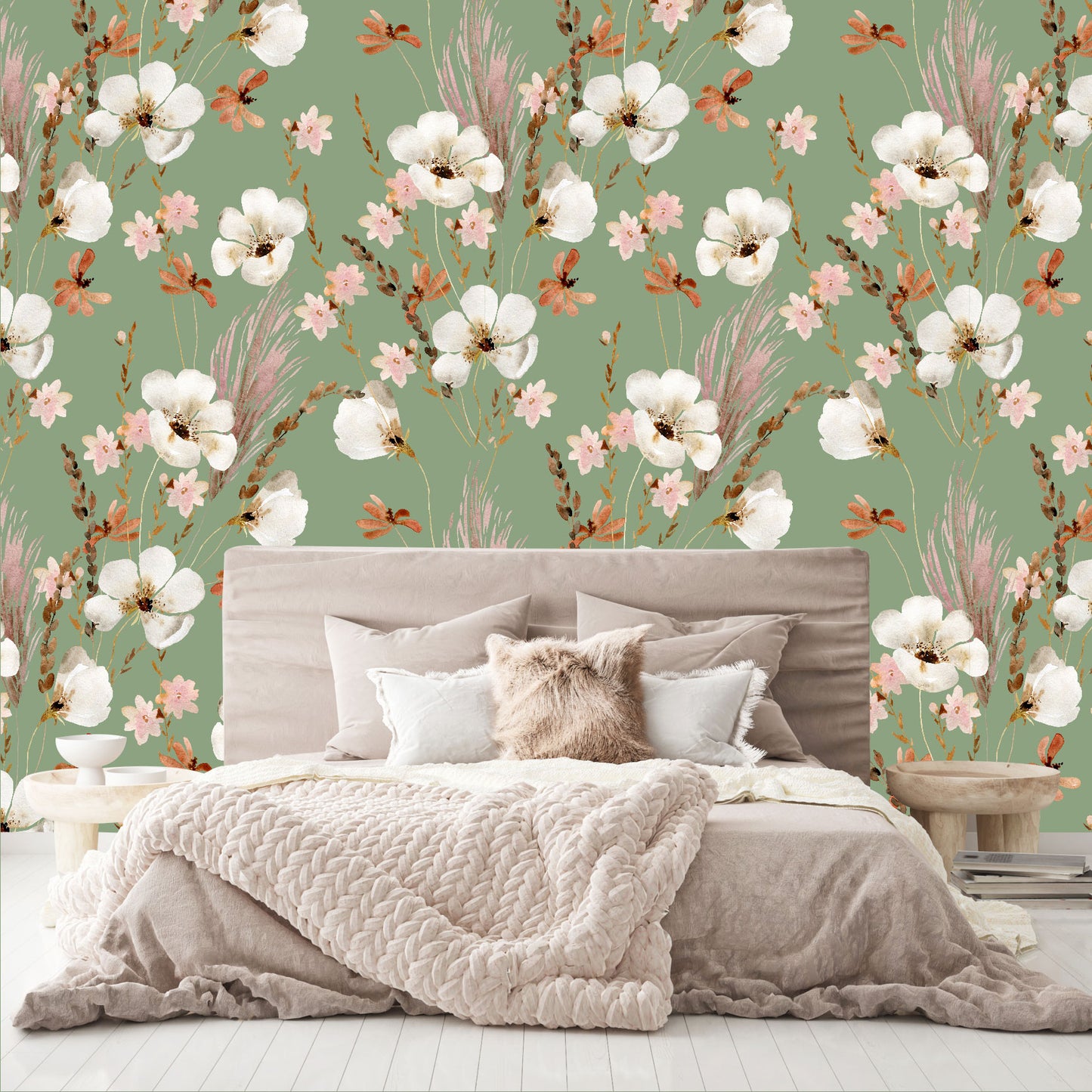 Mural Mate Flores Acuareladas con Fondo Verde - MT431