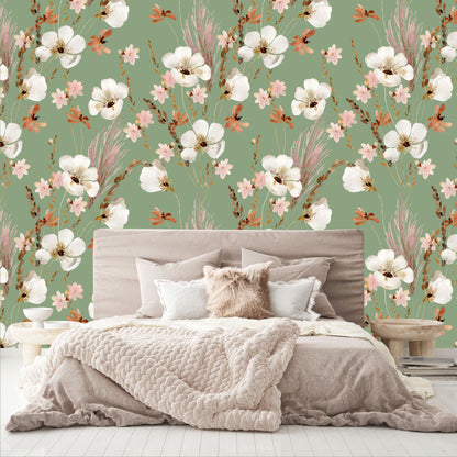 Mural Mate Flores Acuareladas con Fondo Verde - MT431