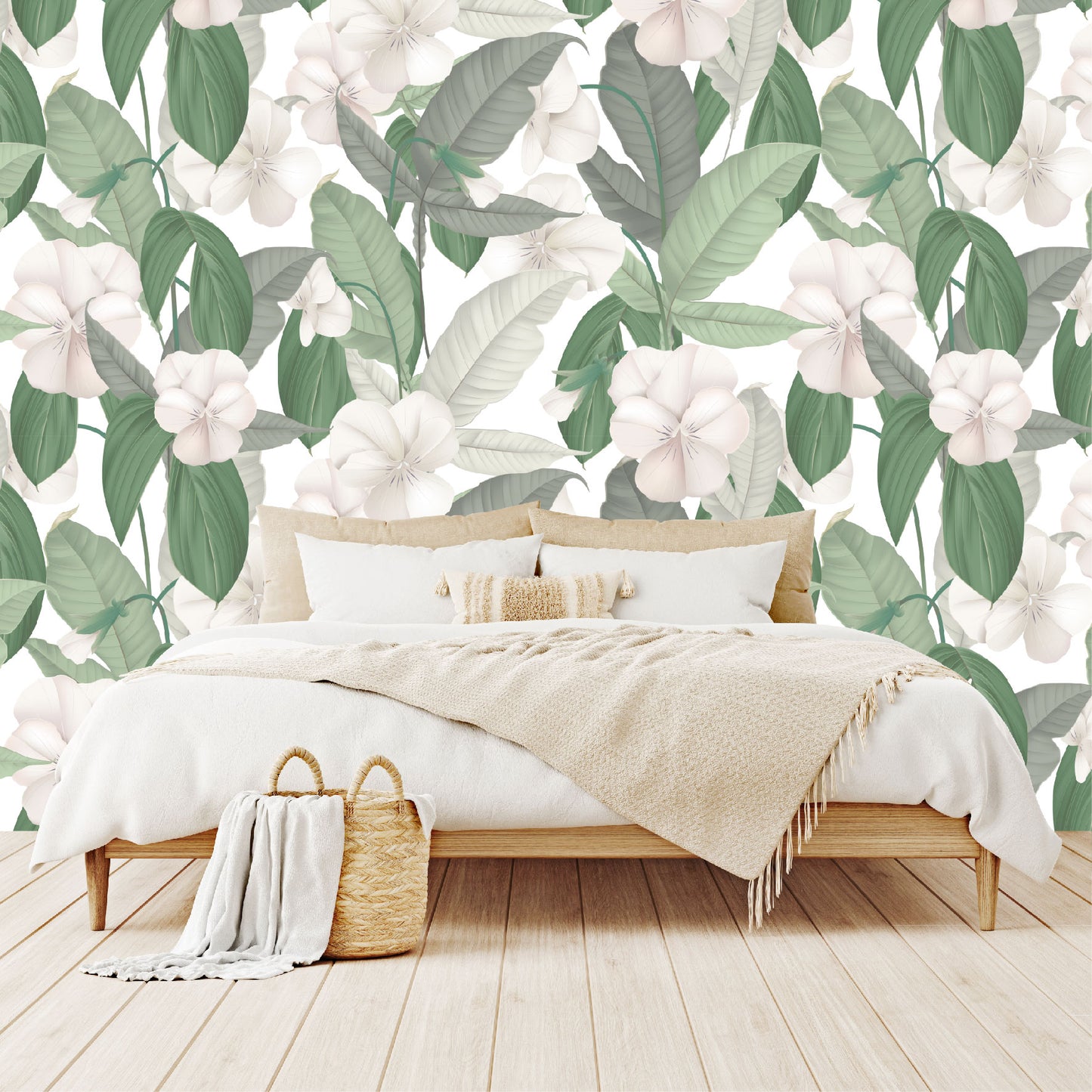 Mural Tropical Hojas Verdes con Flores Blancas - MT126