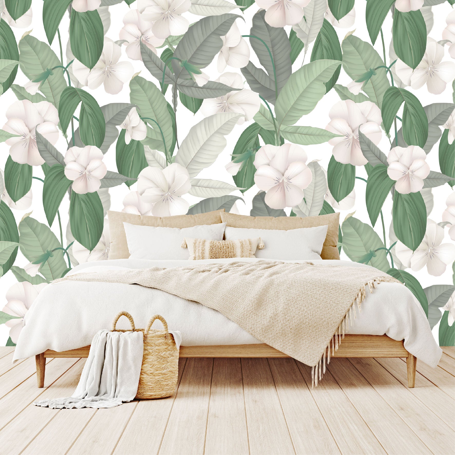 Mural Tropical Hojas Verdes con Flores Blancas - MT126