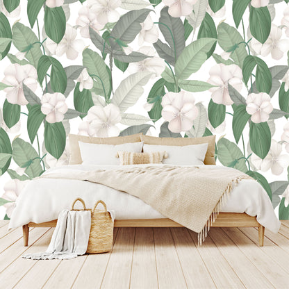Mural Tropical Hojas Verdes con Flores Blancas - MT126
