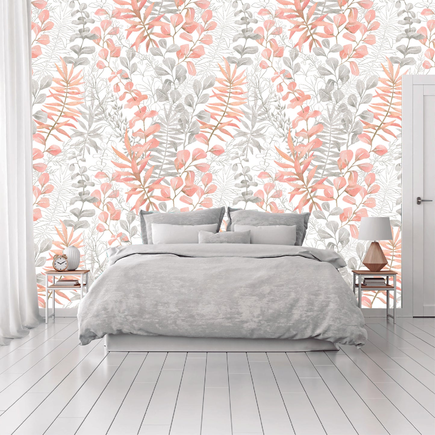 Mural Hojas Tropicales con rosa pastel - MT201