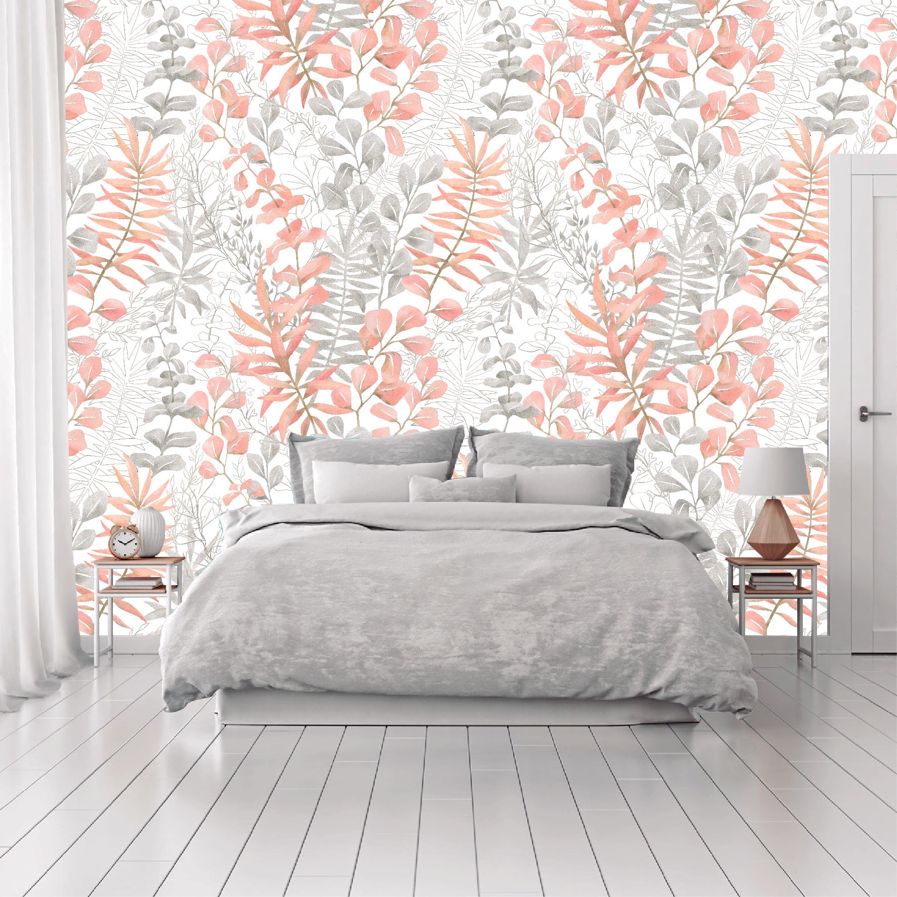 Mural Hojas Tropicales con rosa pastel - MT201