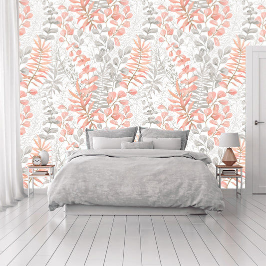 Mural Hojas Tropicales con rosa pastel - MT201